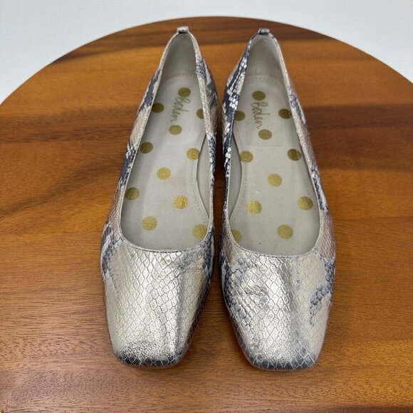Boden Flats Olive Ballerinas Shoes Sz 38 Metallic Snake print Square toe - Picture 1 of 14